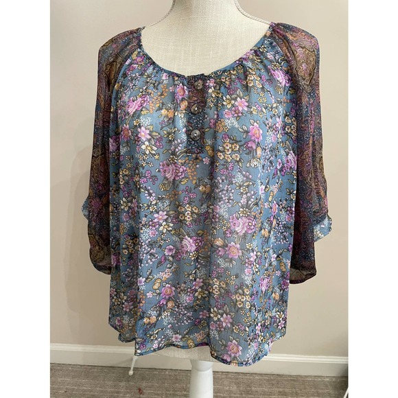 Copper Key Sheer Blouse Blue Purple Floral Flowy Shirt Sz M Kimono Sleeve - Picture 1 of 12